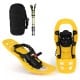 Kids yellow snowshoe with adjustable bindings and trekking poles, designed for stability and comfort in snowy.