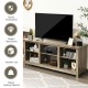 58" gray TV stand with 6 open shelves, sturdy engineered wood, and removable center shelf for electric fireplace.