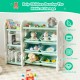 Kids toy storage organizer in green with 6 bins and bookshelf, designed for safe and easy access to toys in playrooms.