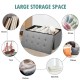 Foldable light gray storage ottoman with large interior space for blankets, clothes, and shoes, ideal for living rooms.