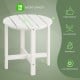 Round 18-inch white Adirondack side table with slatted top, waterproof and weather-resistant for outdoor use.