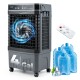 1800 CFM evaporative air cooler in black with 4-gallon tank, remote control, and ice packs for efficient cooling.
