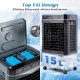 Top fill design of the 1800 CFM evaporative air cooler with 4 Gal water tank for easy refilling and efficient cooling.