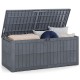 Gray 180 Gal outdoor deck box with lid, handles, and wicker texture for secure storage and extra seating for four.