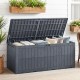 Gray 180 Gal outdoor deck box with lid, handles, and cushions, ideal for storage and extra seating for outdoor.