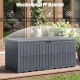 Gray 180 Gal outdoor deck box made of weatherproof PP material, featuring a lockable lid and handles for easy transport.