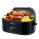 18QT electric roaster oven in black with self-basting lid, showcasing a whole turkey and fresh herbs for large meals.