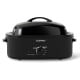 18QT electric roaster oven in black with self-basting lid, adjustable temperature, and removable pan for easy cleaning.