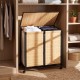 Two-section natural bamboo laundry hamper with lid and lockable wheels for easy sorting and secure placement.