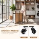 Laundry hamper with lid features a 2-section design, lockable wheels, and bamboo slats for stylish and easy mobility.