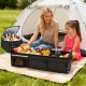 Portable 18 Gal black trunk organizer with lid, featuring three compartments for groceries and drinks, ideal for.