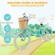 18-inch green kids bike with adjustable seat and handlebars, front basket, and training wheels for balance training.