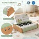 18-key wooden piano for kids in green, featuring rounded corners and a removable music stand for safe, educational play.