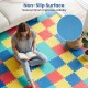 Multicolor interlocking EVA foam floor tiles with a non-slip surface, ideal for home gyms and living rooms.