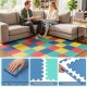 Multicolor interlocking EVA foam floor tiles with borders provide comfort and protection for living rooms and home gyms.