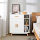 White floor storage cabinet with rubberwood legs, featuring a large drawer and three open shelves for versatile.