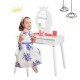 White vanity makeup table and chair set with a mirror, featuring a soft cushion stool, perfect for little girls.