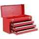 Portable red garage mechanic tool cabinet box with three drawers and top tray for easy tool organization.