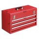 Portable red mechanic tool cabinet box with three drawers, easy grip handle, and top tray for wider tools.