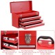 Portable red garage mechanic tool cabinet box with three drawers, easy grip handle, and top tray for wider tools.