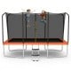 Rectangular 8 x 14 feet trampoline with safety enclosure net and ladder, designed for safe outdoor jumping fun.
