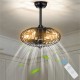Enclosed black ceiling fan with light and remote control, featuring a retro cage design and three speed settings for.