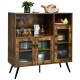 Rustic brown buffet kitchen storage cupboard with glass doors, adjustable shelves, and black tapered legs for stylish.