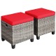 Set of 2 outdoor rattan ottomans with removable red cushions, perfect for patio and garden use.