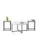 Three-piece modern coffee table set featuring a round faux marble table and two square tables with steel frames.