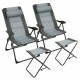 Set of 2 gray folding patio chairs with ottomans, featuring adjustable recline and breathable materials for comfort.