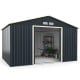 Metal storage shed with lockable sliding doors, gray color, 11 x 8 feet, ideal for garden tools and outdoor storage.