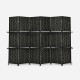 6-panel black room divider with hand-woven fiber design and 2 display shelves, perfect for creating private spaces.