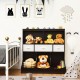 Freestanding brown cubby storage organizer with three baskets and open shelves, perfect for children's toys and books.