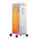 Portable 1500W oil-filled radiator heater in white with adjustable thermostat, ideal for quiet warmth in medium-sized.