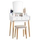 Makeup vanity set with unique shape mirror, 6 drawers, and a cushioned stool for comfortable seating and organization.