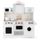 Wooden kids kitchen playset featuring a washing machine, oven, and microwave, designed for imaginative play and.