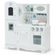 White kitchen pretend play cookware set for kids featuring a water dispenser, removable sink, and durable MDF.