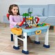Kids activity table set with chair, featuring storage compartments and block boards, ideal for learning and play.