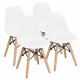 Set of four white mini DSW chairs with wood legs, ideal for kids' playrooms and study areas, ergonomic and lightweight.