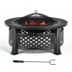 Outdoor fire pit with BBQ grill, high-temp resistant finish, mesh cover, and poker for backyard and patio use.