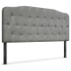 Light gray queen upholstered headboard with button detailing, adjustable heights, and sturdy plywood construction.