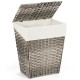 Handwoven gray laundry hamper with removable liner and flip lid, made of waterproof PE rattan for bathroom use.