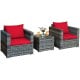 Two cushioned red chairs and a glass-topped table in a 3-piece patio rattan furniture set for outdoor relaxation.