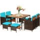 9-piece patio dining set featuring cushioned turquoise chairs and acacia wood tabletop, perfect for outdoor gatherings.