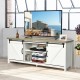 TV stand media center console cabinet in white with sliding barn doors, ample storage, and natural wood grain finish.