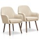 Set of 2 beige fabric upholstered accent chairs with wooden legs, featuring ergonomic armrests for comfort and.