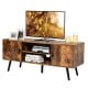 Industrial TV stand in rustic brown with storage cabinets, designed for TVs up to 55", featuring a large tabletop and.