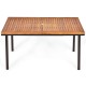 Acacia wood patio dining table with slatted surface and umbrella hole, perfect for outdoor gatherings and stable.