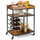 3-tier rustic brown wood rolling kitchen serving cart with wine rack, glass holders, and ample storage for versatile.