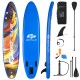 Inflatable stand-up paddle board in blue with accessories, ideal for water yoga, fishing, and stable surfing.